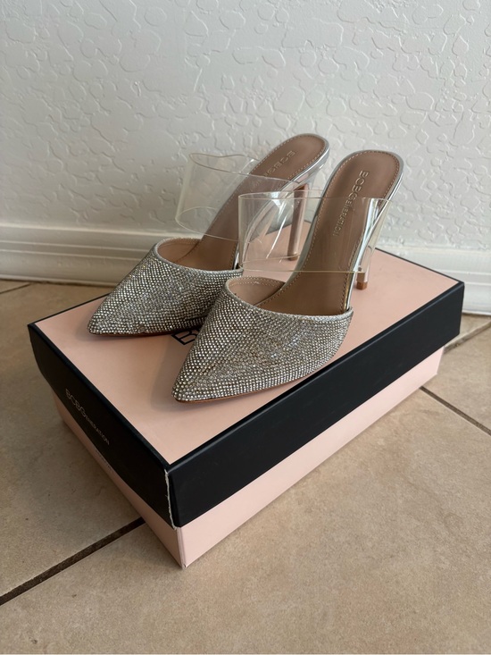 BCBGeneration Shoes - BCBGeneration Harlina Silver Rhinestone Clear Strap Stiletto Heels Size 6.5
